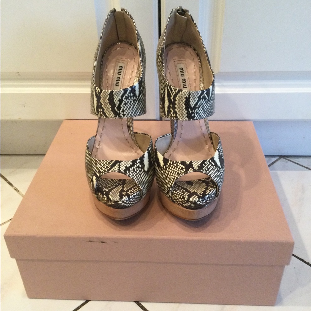 Miu Miu Python Snake Platform Peep Toe Heels - image 3